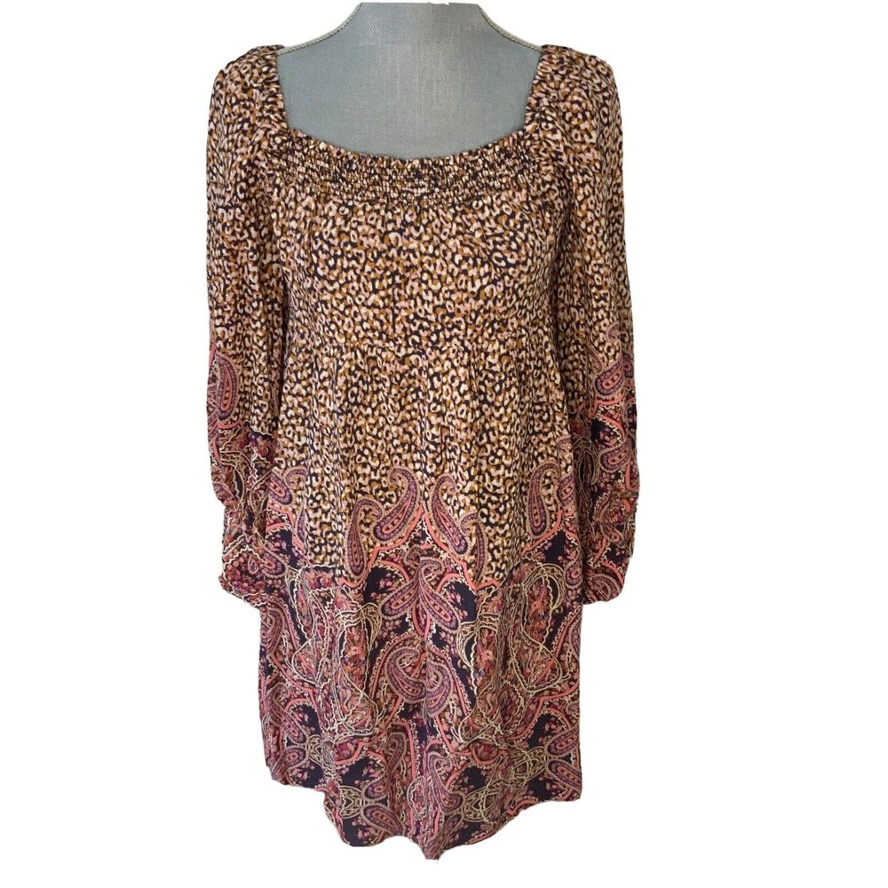 NWT Anthropologie MAEVE Milou Smocked Dress Paisley Leopard Print XSmall